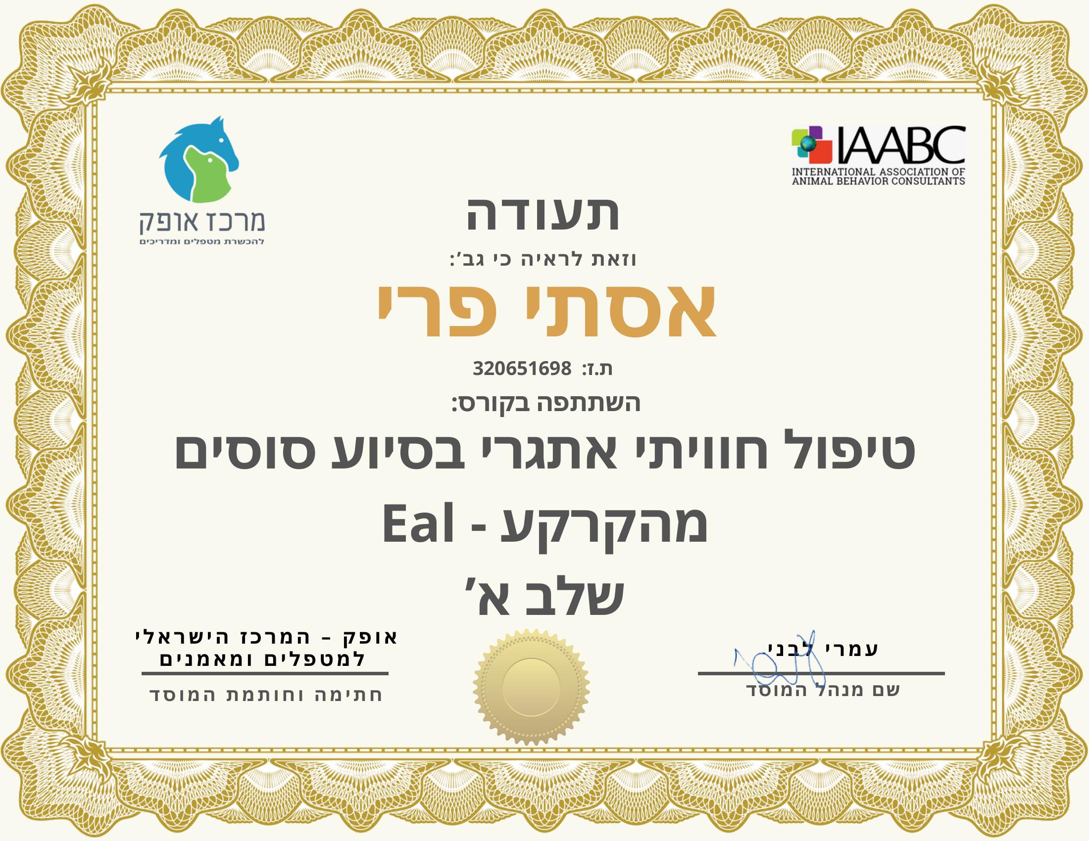 תעודת טיפול באמצעות סוסים